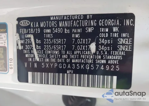 2019 Kia Sorento 2.4L Lx from USA, damaged, VIN 5XYPGDA35KG574925